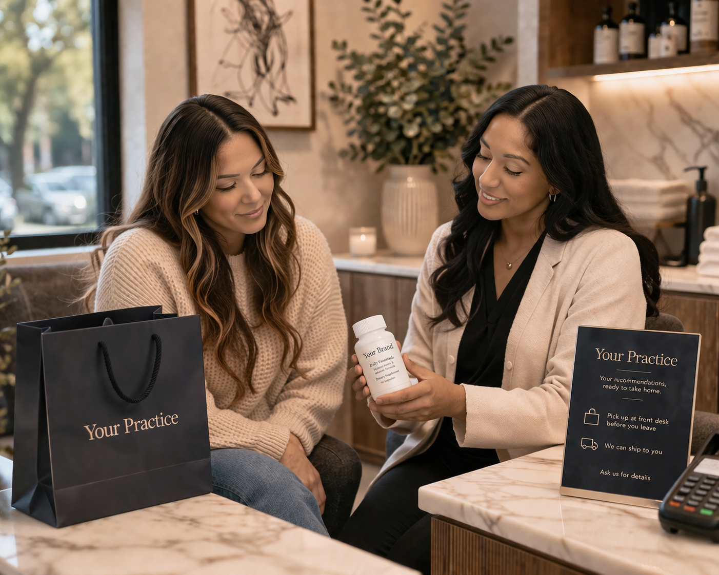 Practice staff member showing a recommended product to a patient in a branded in-office setting
