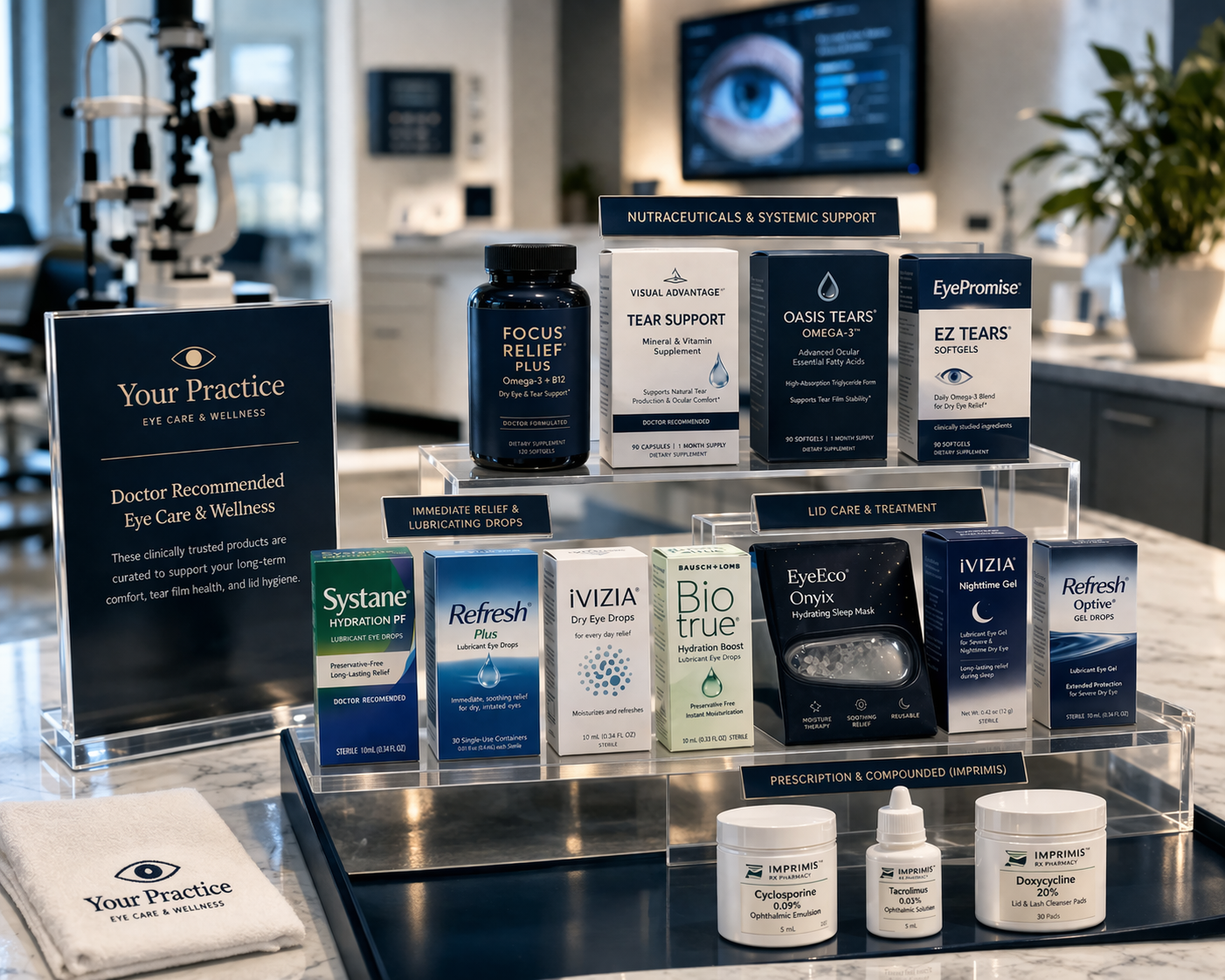Doctor-recommended eye care products displayed in a clinical merchandised setting