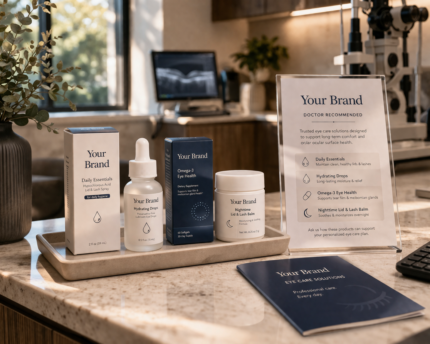 Branded eye care products displayed in a clinical practice setting
