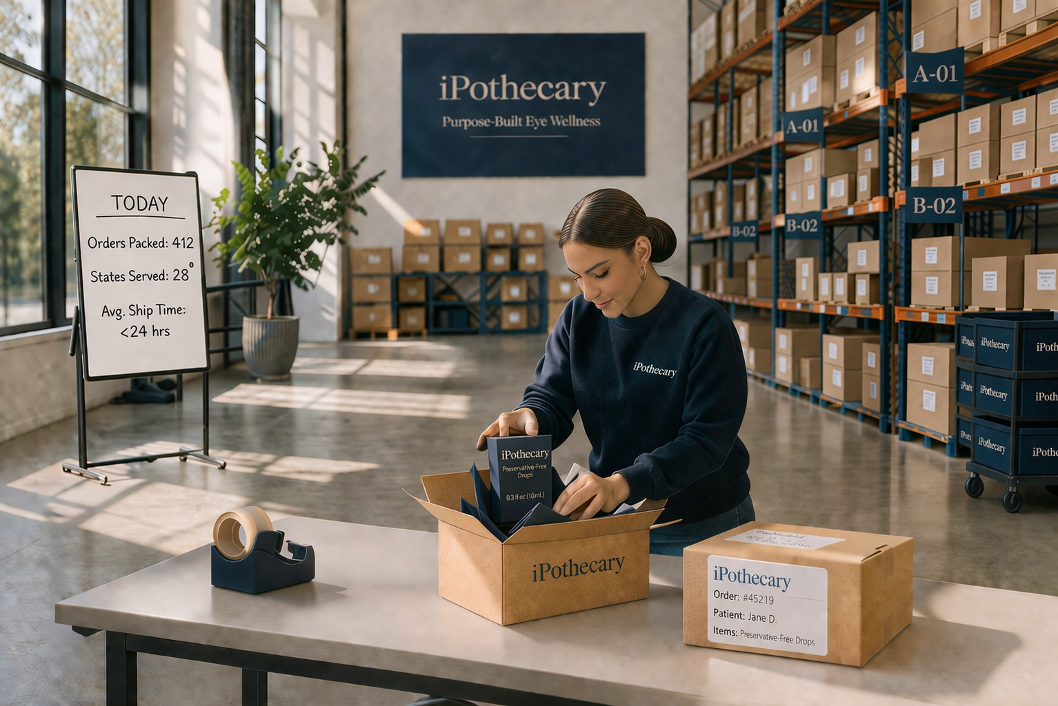 iPothecary fulfillment center — team member packing branded orders