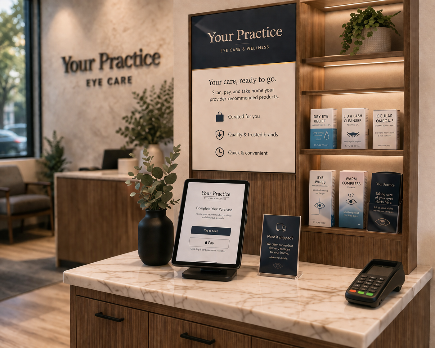 Branded in-office kiosk and product display for practice checkout