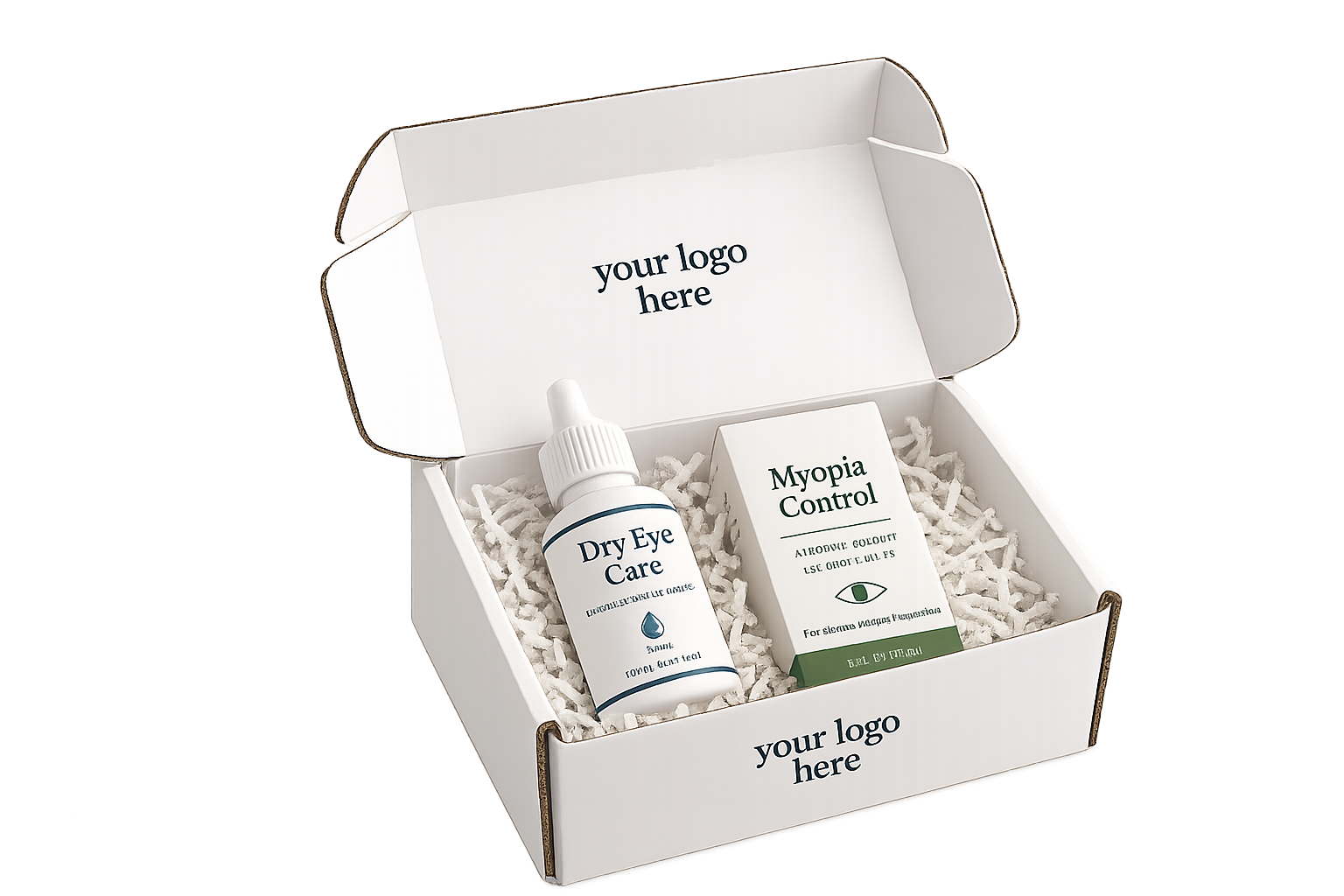 White-labeled iPothecary fulfillment box with branded eye care products